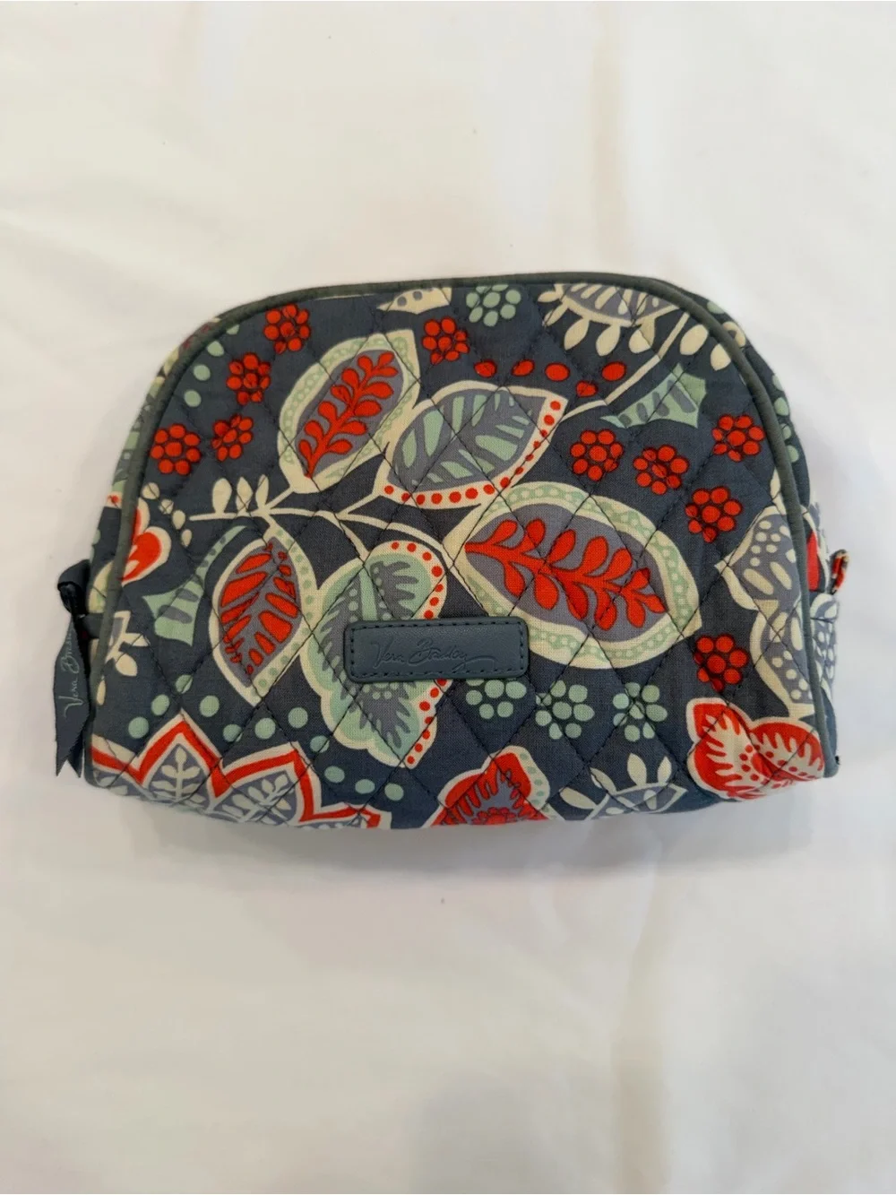 Vera Bradley Gray Cosmetic Pouch with Red and Mint Leaf Print